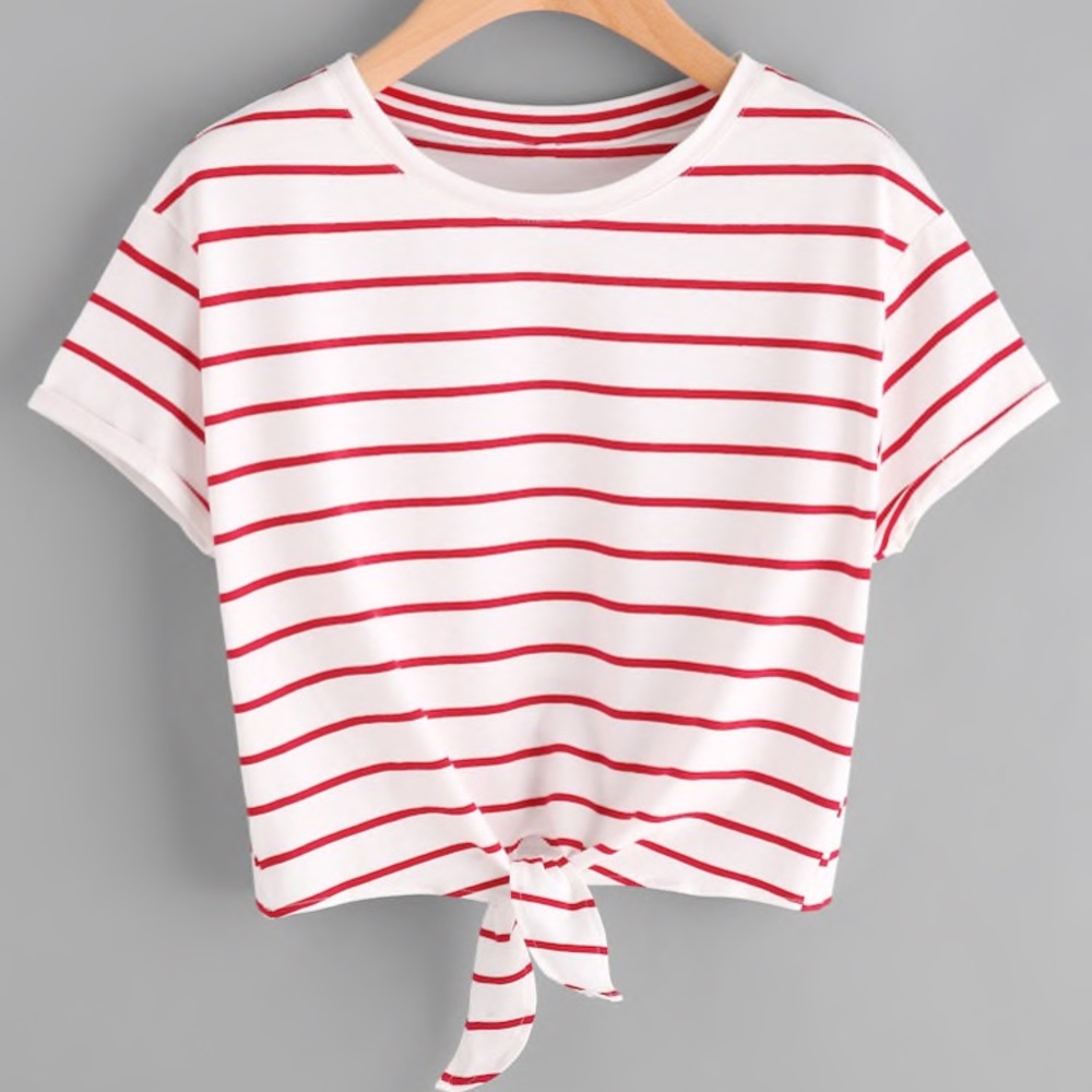 KNOT FRONT TEE CUFFED SLEEVE STRIPED TEE